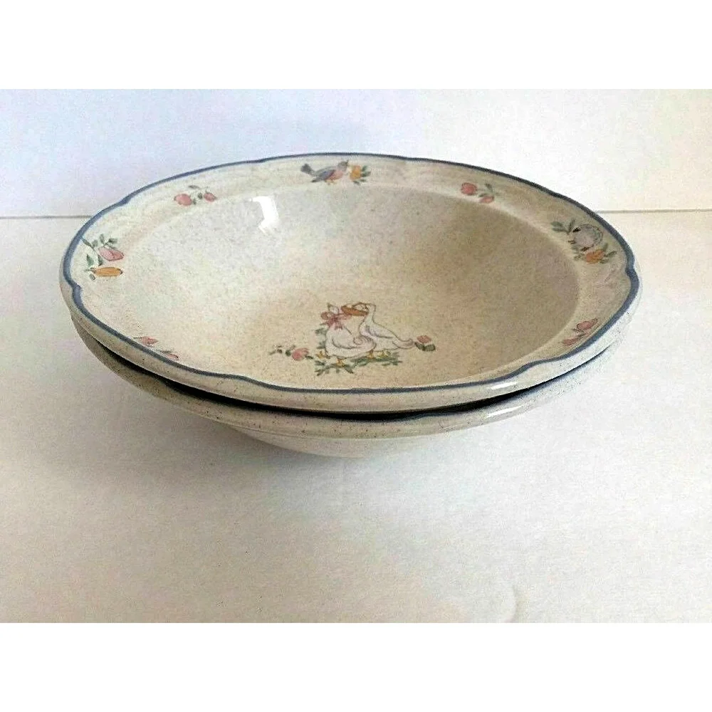 Set 2 International Stoneware Japan Cereal Soup Bowl Geese Lamb Bird Blue Rim - Picture 4 of 11